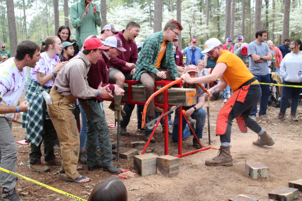 Man participates in bowsaw competition while cheered on by crowd.