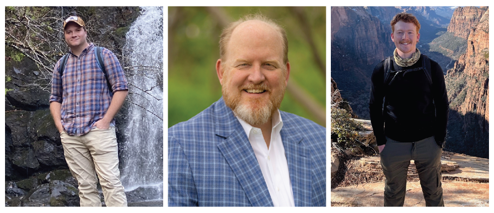 One man stands in front of waterfall, one man stands in front of green landscape, and one man stands in front of canyon.