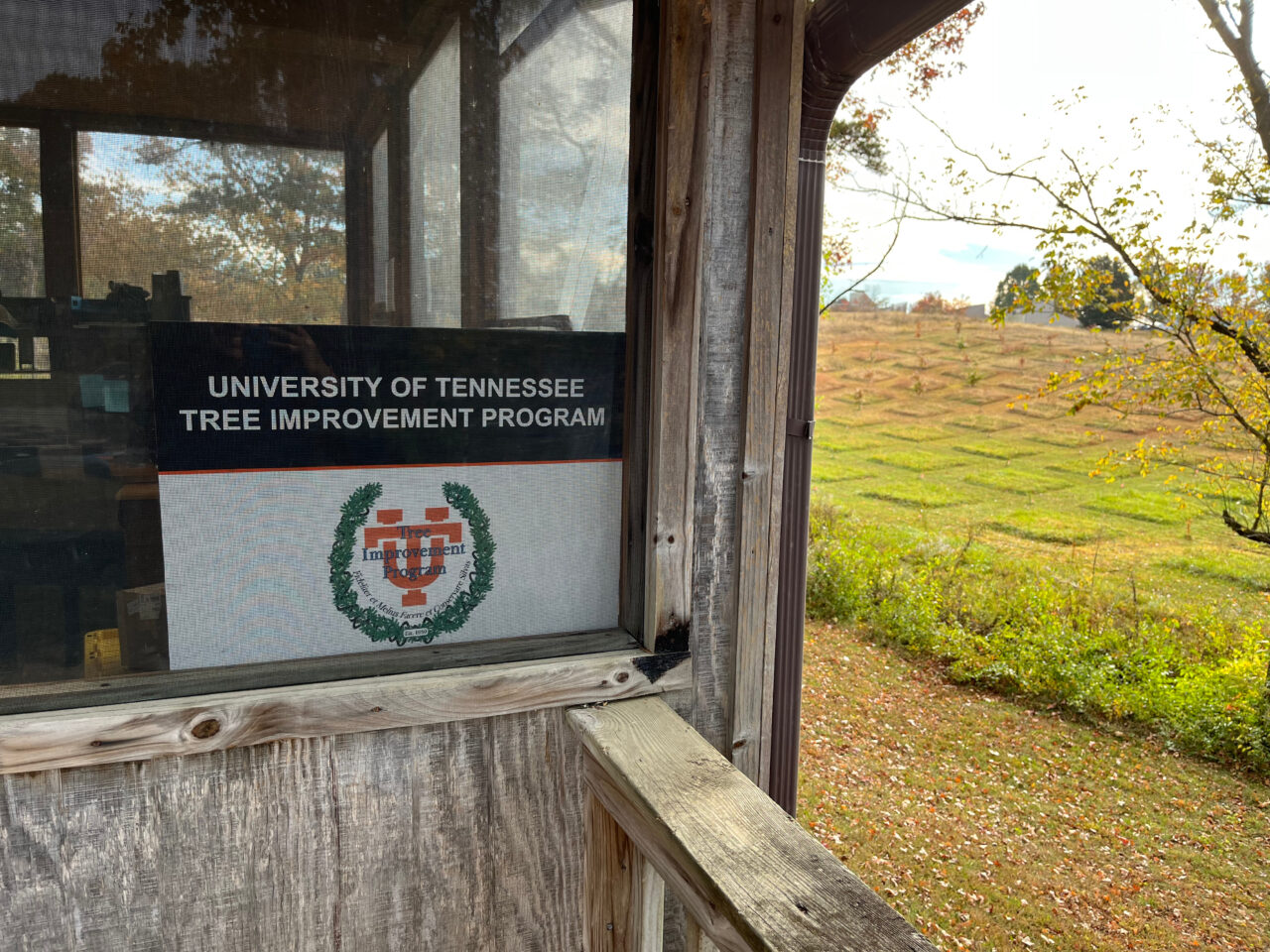The UT Tree Improvement Program Logo sign sits behind a screen at the program's site.