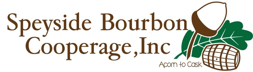 Speyside Bourbon Cooperate, Inc. Logo with a green leaf, brown acorn, and brown barrel with the words, "acorn to cask."