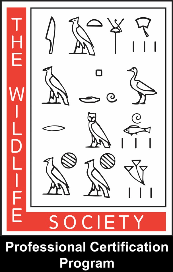 Logo for The Wildlife Society Professional Certification Program with drawings of birds, fish, and tools.