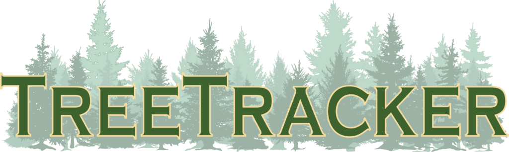 Tree Tracker logo says "tree tracker" with dark and light green trees behind it.