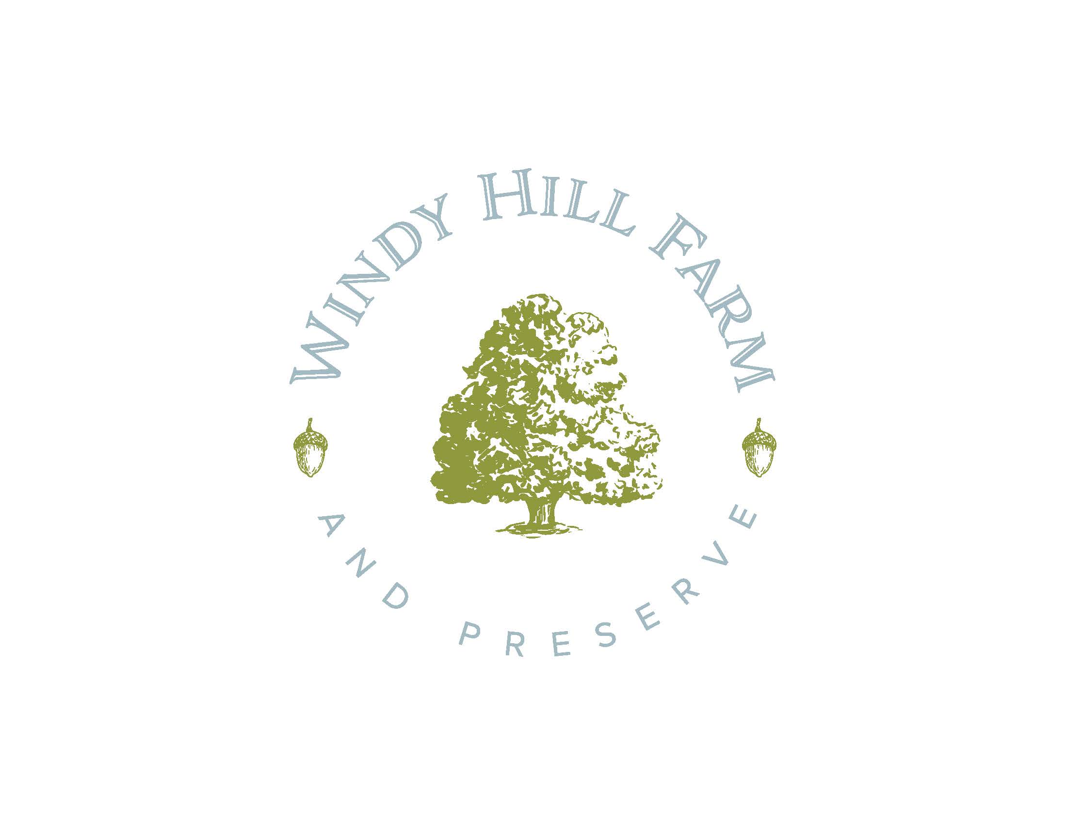 Windy Hill Farm and Preserve logo with tree in the middle and two acorns on the sides.