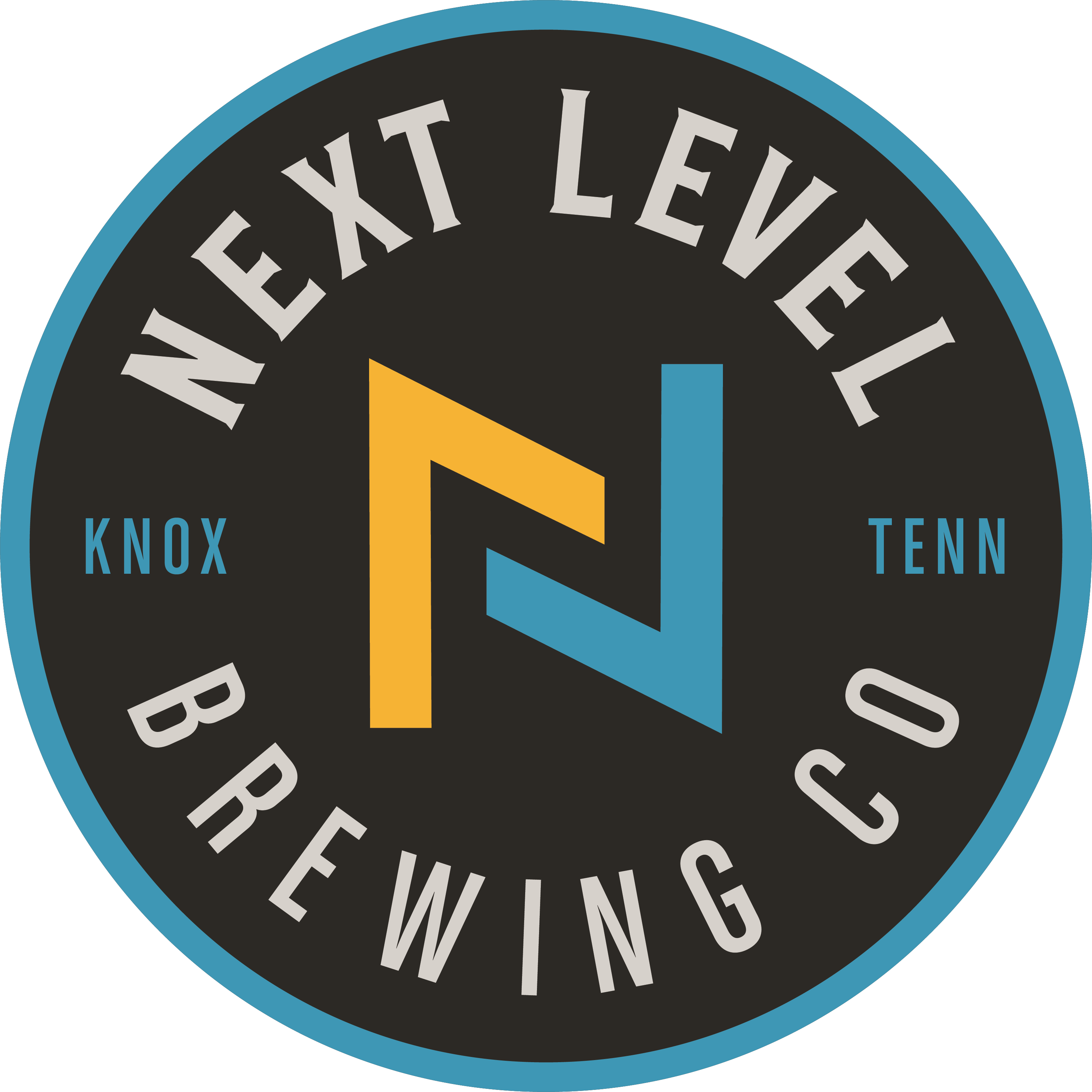 Round black logo says "Next Level Brewing Co." with Knox, Tenn. in blue and gray font with yellow and blue graphic in the middle.