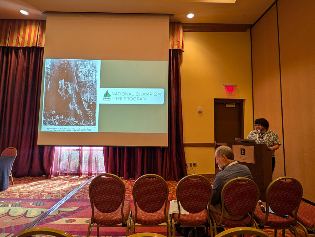 Person gives presentation at podium in front of man sitting in a chair.