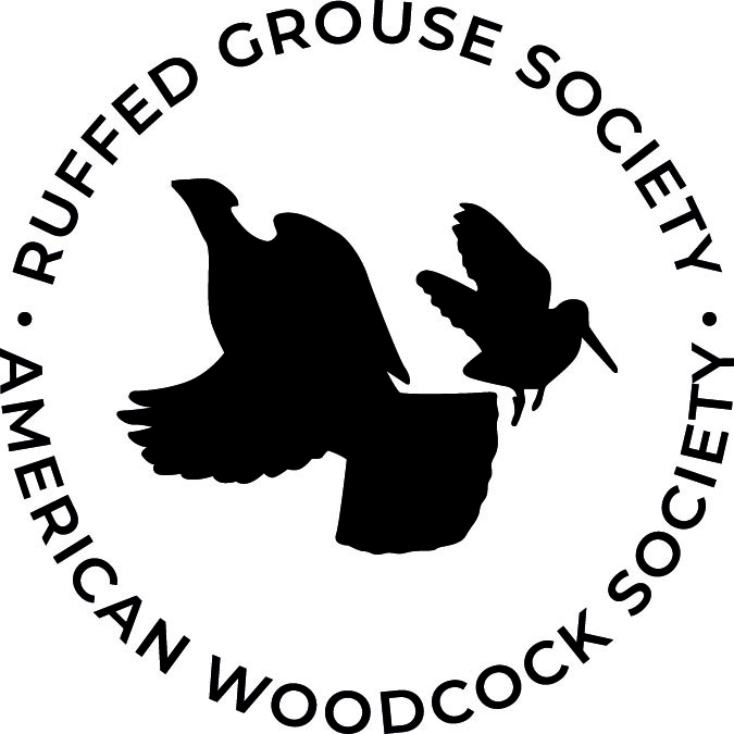 Ruffed Grouse Society and American Woodcock Society logo with two birds in the middle of a circle.