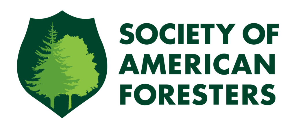 Society of American Foresters logo with two green trees on dark green badge