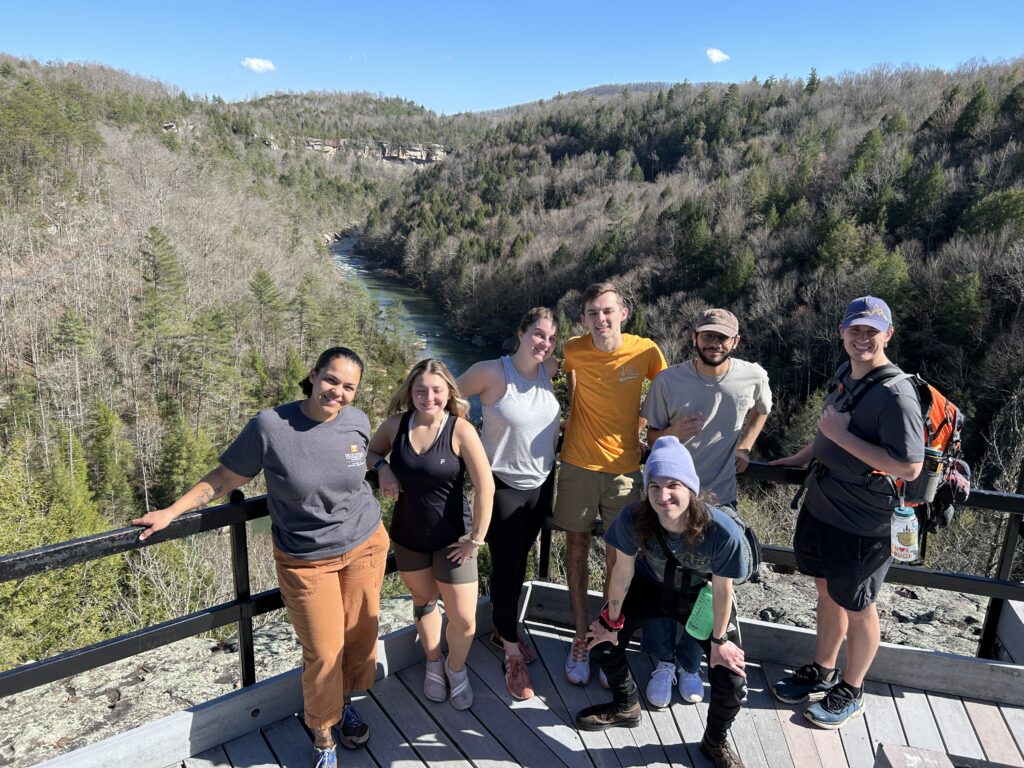 Seven people stand on a wooden platform overlooking the Obed Wild and Scenic River.