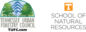 Logo on left says "Tennessee Urban Forestry Council" with website and a graphic showing two trees and a building. The logo on the right has a T in an orange box with the words, "School of Natural Resources."