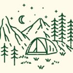 Graphic shows tent, grass, trees, a mountain, stars and a moon.