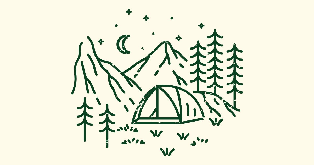 Graphic shows tent, grass, trees, a mountain, stars and a moon.