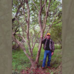 Man stands next to tree with hand wrapped around trunk.