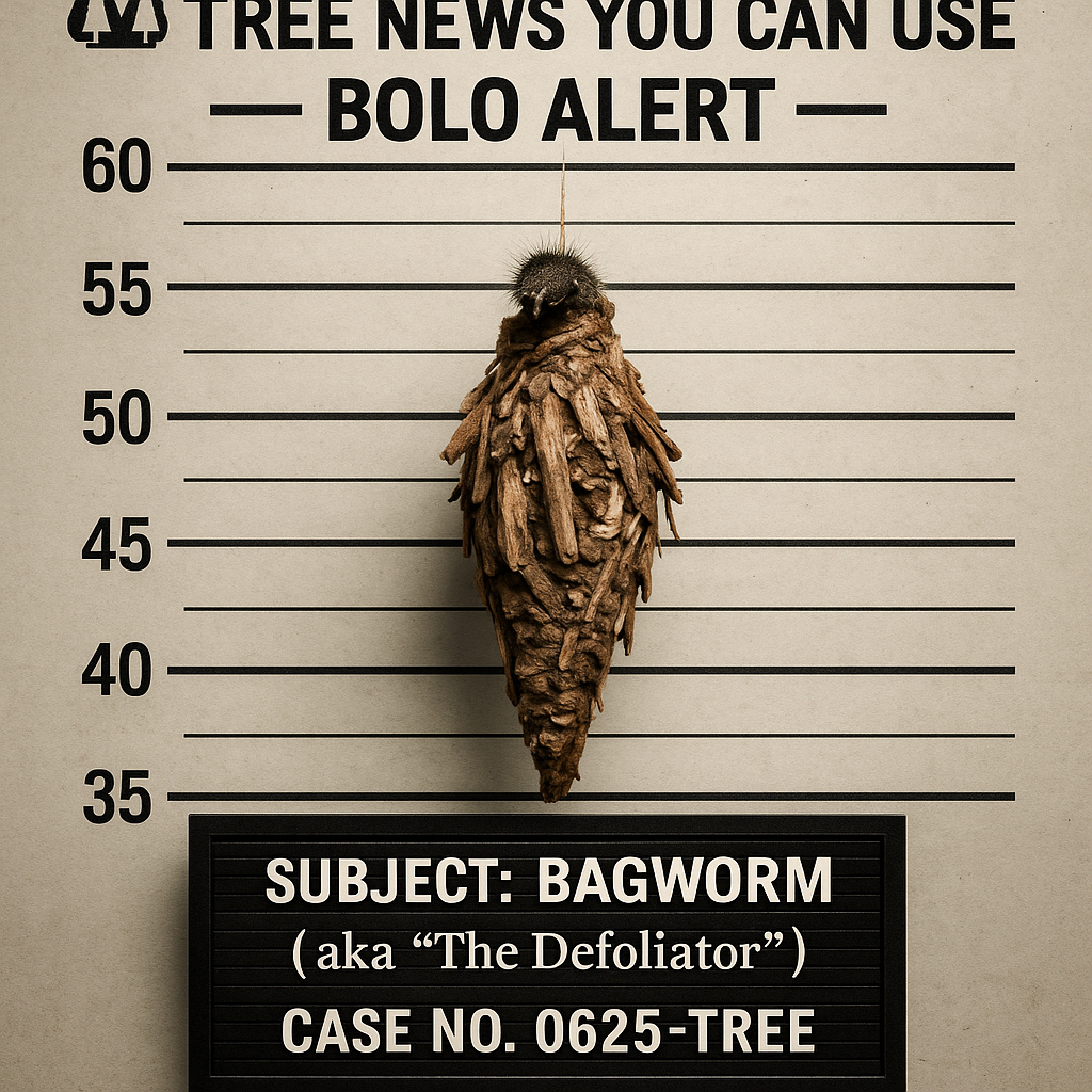Flyer reading "be on the lookout alert, subject: bagworm (aka the defoliator)" with image of bagworm.