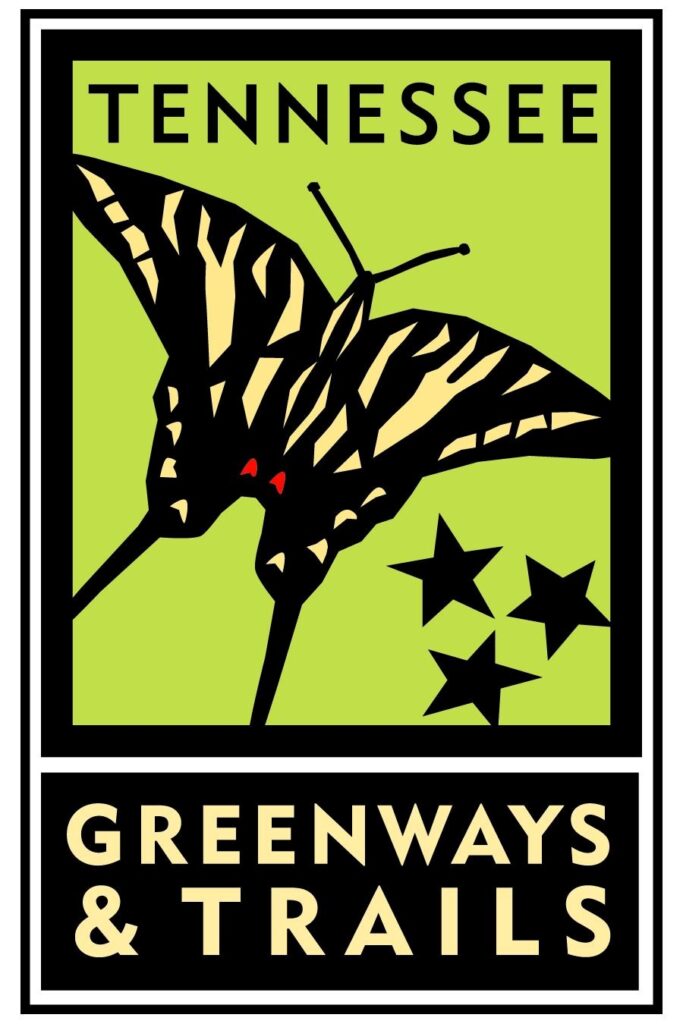 Logo for Tennessee Greenways and Trails shows yellow butterfly on green background with three black stars.