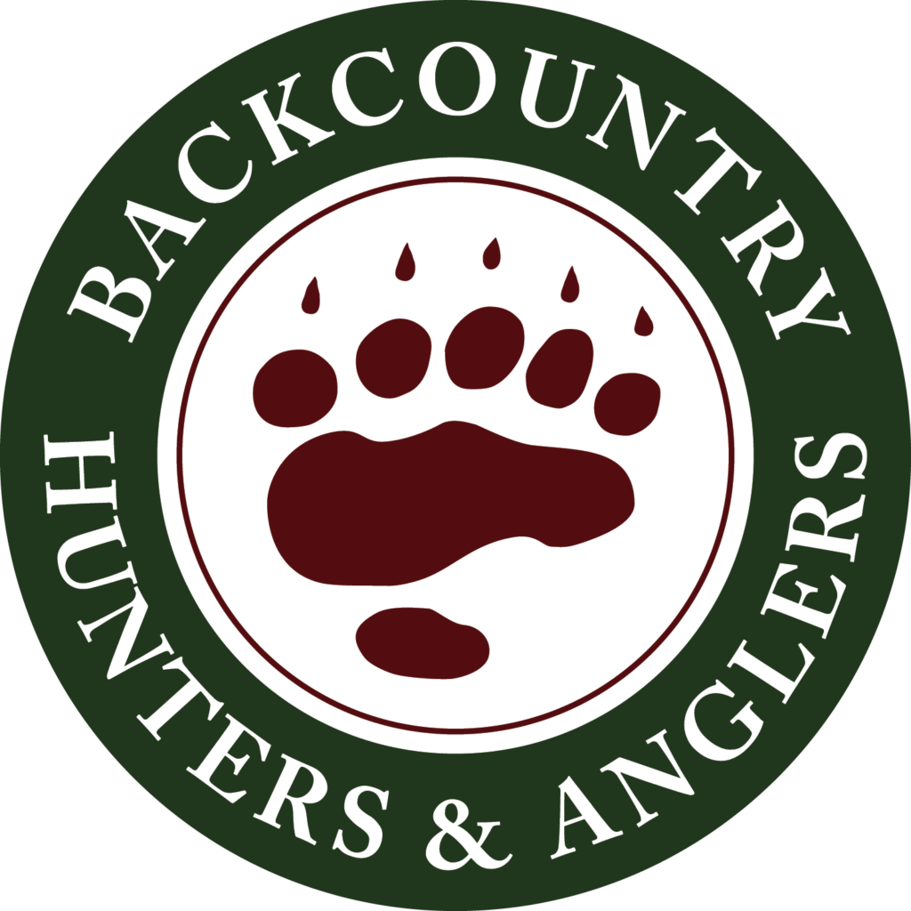 Logo for Backcountry Hunters and Anglers with bear paw print.