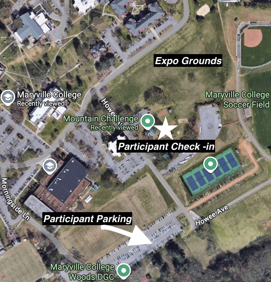 Google Maps screenshot of Outdoor Enthusiast Expo grounds and participant check-in and parking on Maryville College campus.