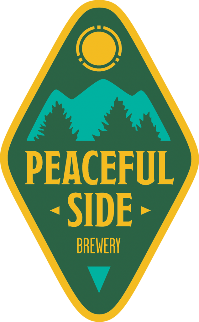 Logo for Peaceful Side Brewery with yellow circle, blue sky, and green trees