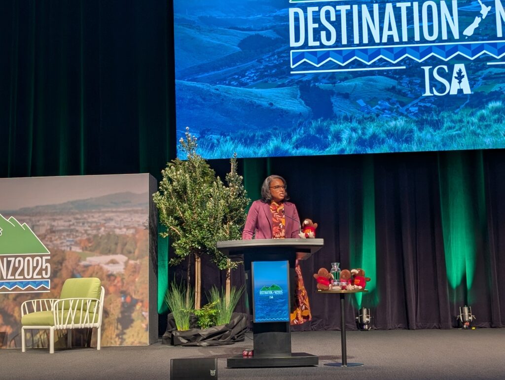 One person stands at a podium on a stage.
