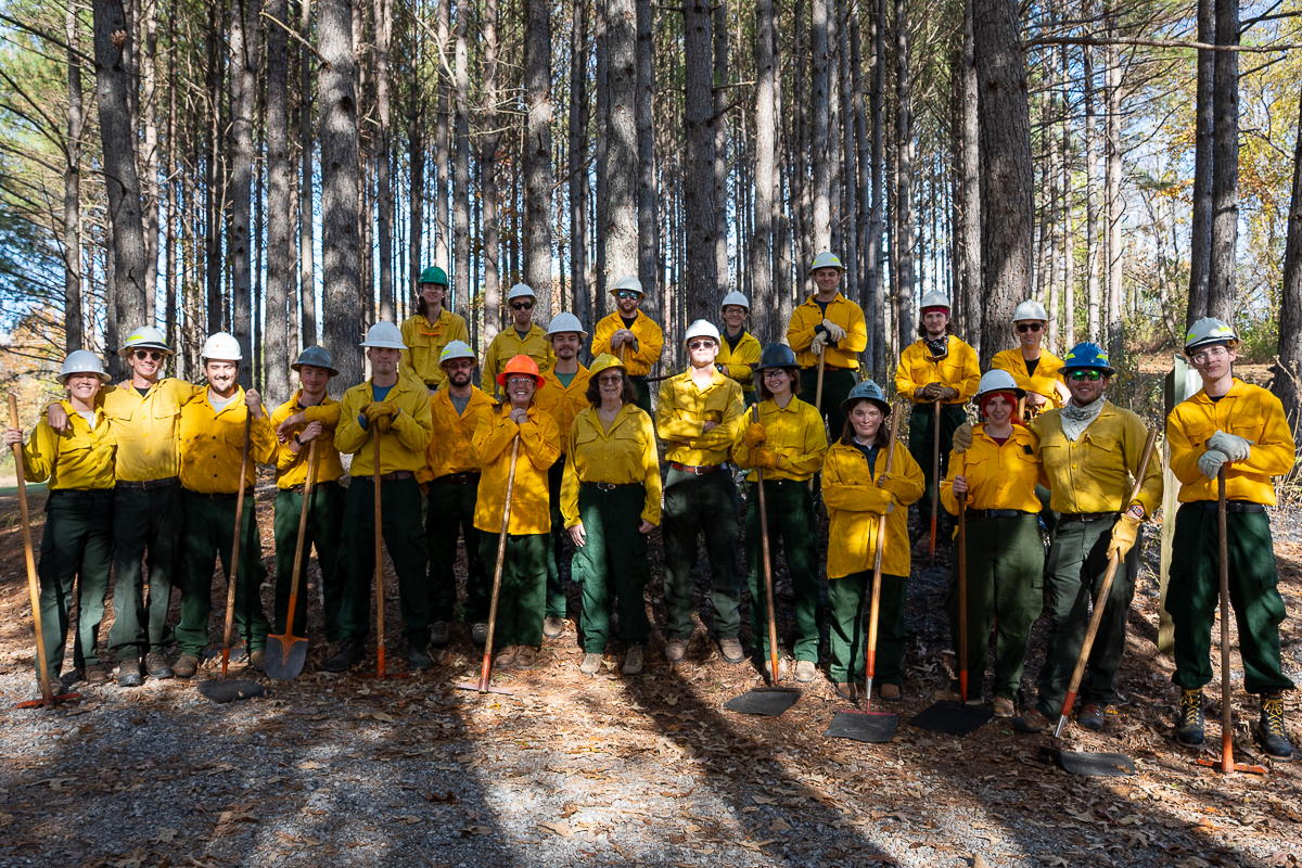 Twenty-two people wearing fire protection gear stand with equipment in forest plot at the UT Arboretum.