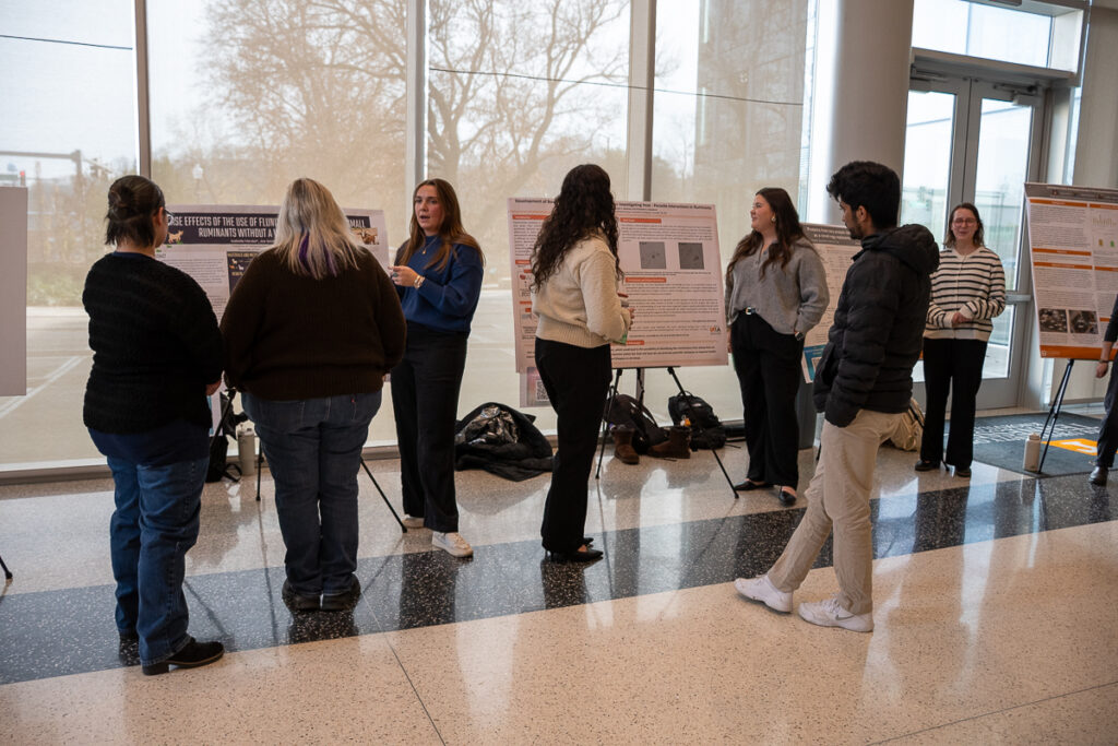 Seven people talk in front of three posters in the Agriculture and Natural Resources Building at the UT Institute of Agriculture.