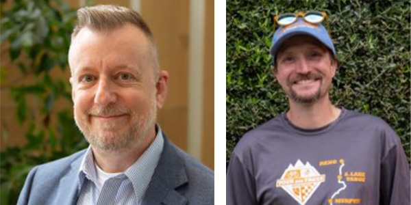 A person on the left stands outside a building by a tree, and a person on the right stands outside in front of a tree.