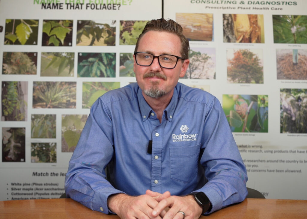 Person wearing glasses sits in front of different pictures of plants on a wall.
