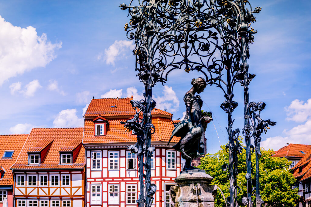 Fountain with the goose girl statue in Gottingen, Germany
