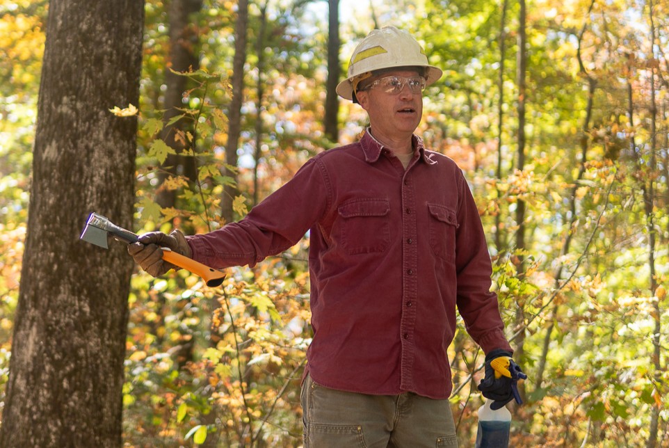 Person wearing personal protection equipment holds hatchet and spray bottle.