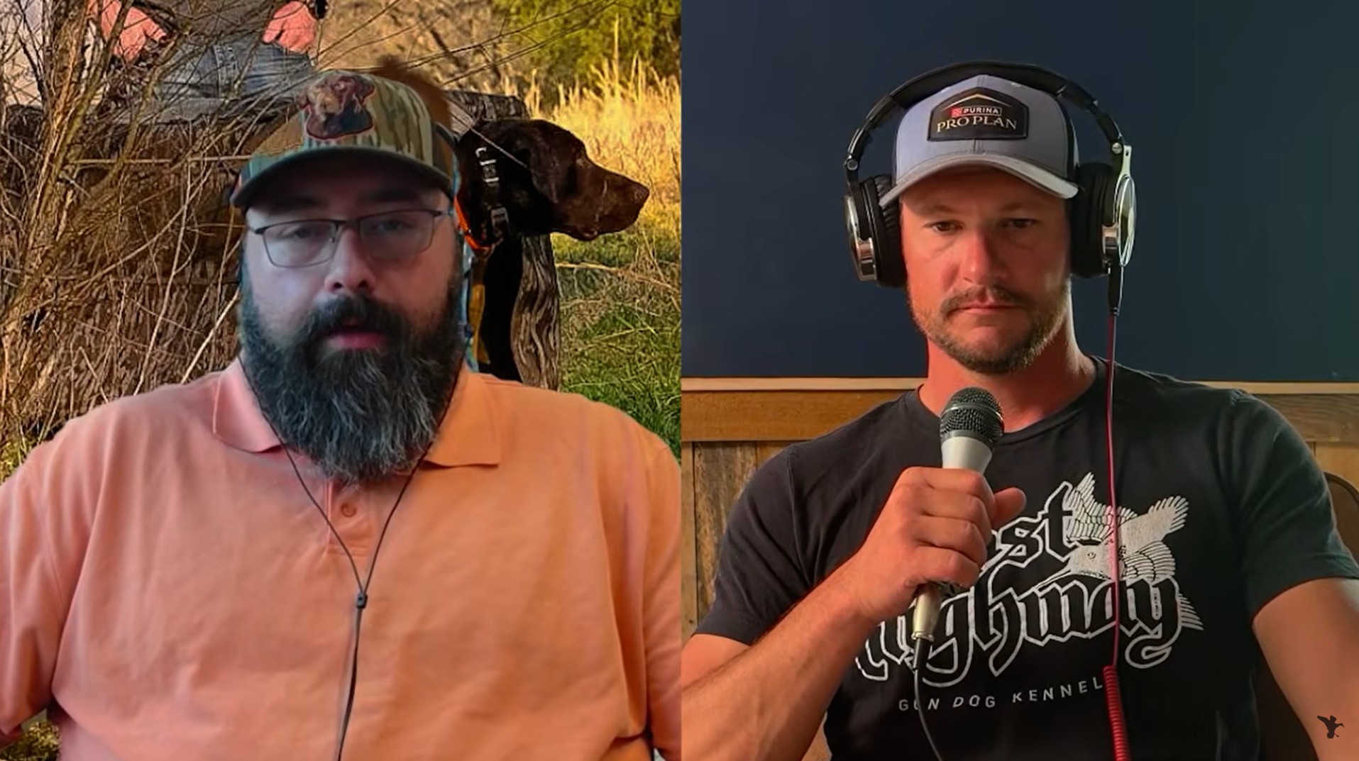 Person on right of image wearing headphones and a cap while holding a microphone in front of a wall, and the person on the left wearing a cap and headphones with an image of a hunting dog behind him.