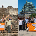 Two images with left one showing a group of people holding an orange flag on steps and the right showing a group of people holding an orange flag in front of a castle.