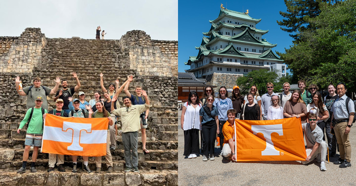 Two images with left one showing a group of people holding an orange flag on steps and the right showing a group of people holding an orange flag in front of a castle.