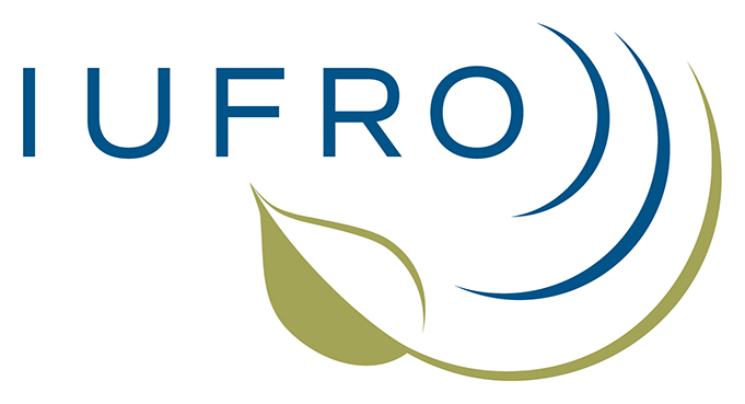 IUFRO logo with two blue swishes, a green swish ending in a leaf